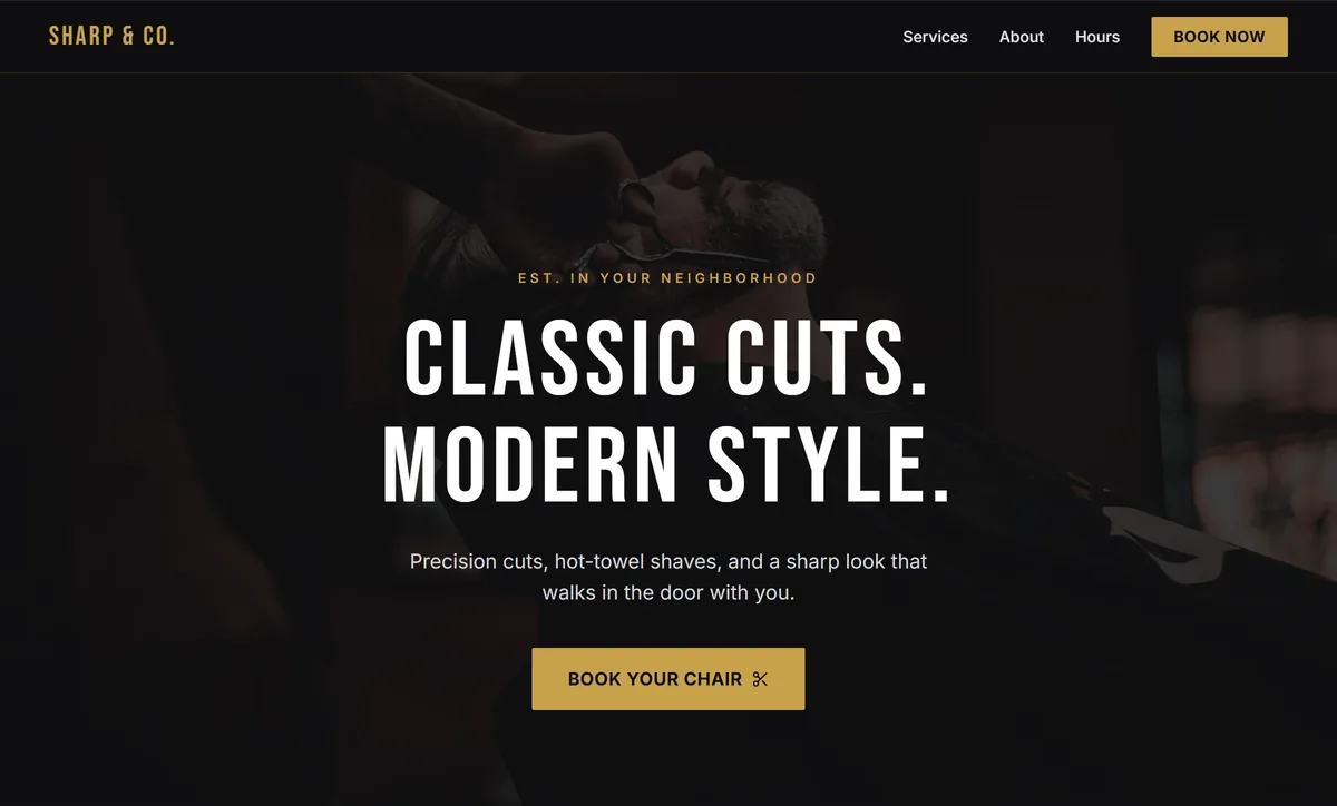 Homepage of the Sharp & Co. Barbershop website designed by Northlight