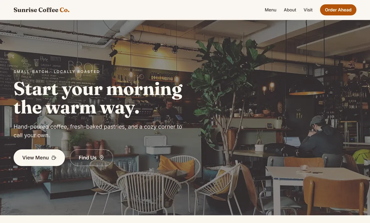 Homepage of the Sunrise Coffee Co. website designed by Northlight