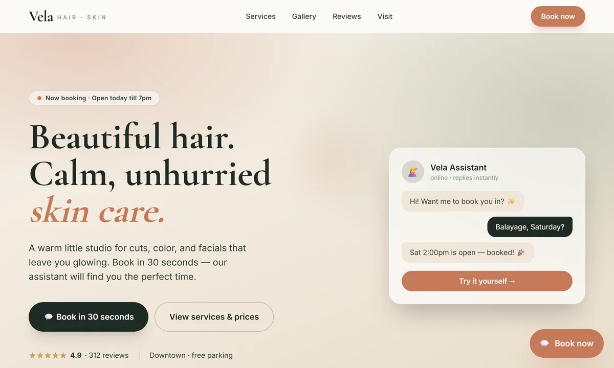 Homepage of the Vela Hair & Skin Studio website designed by Northlight, with its live booking assistant open