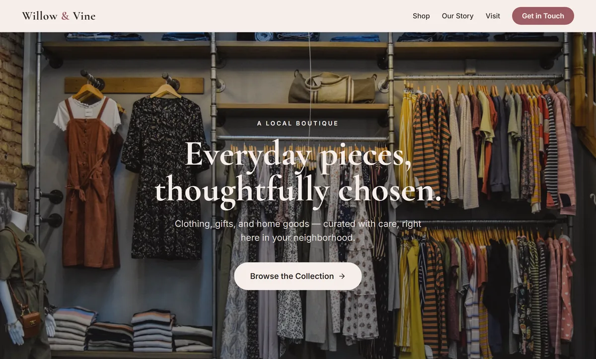 Homepage of the Willow & Vine Boutique website designed by Northlight